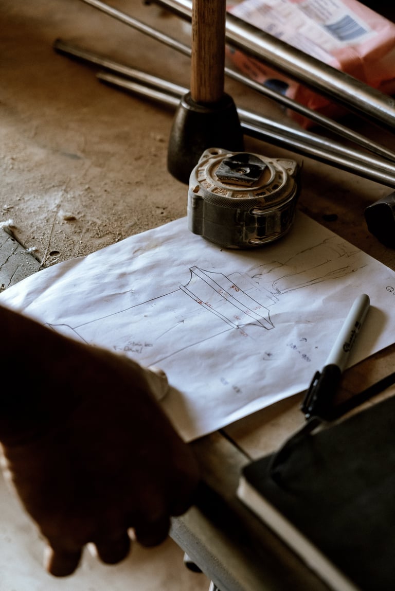 Architectural sketch on paper with tape measure and pencil on a windowsill work surface