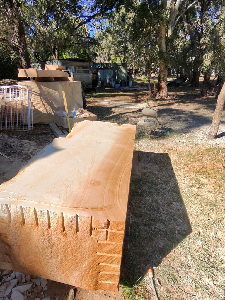 Wooden carved log sculpture in a park surrounded by large trees and other wooden artworks
