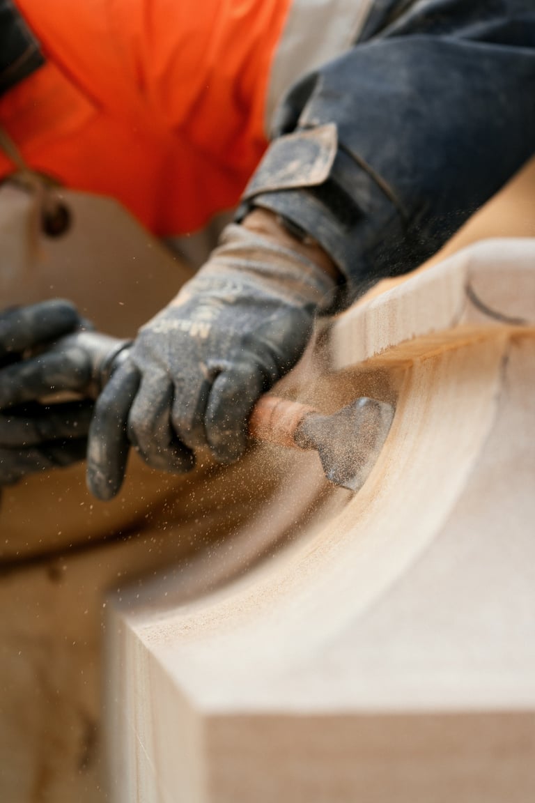 Worker wearing work gloves sanding wood with a power tool, dust flying from the surface