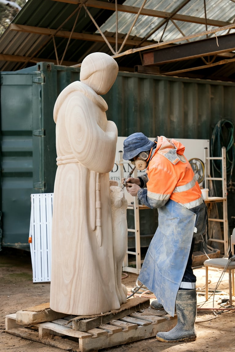 Woodcarver in orange safety vest and blue hat working on a large wooden sculpture in a workshop